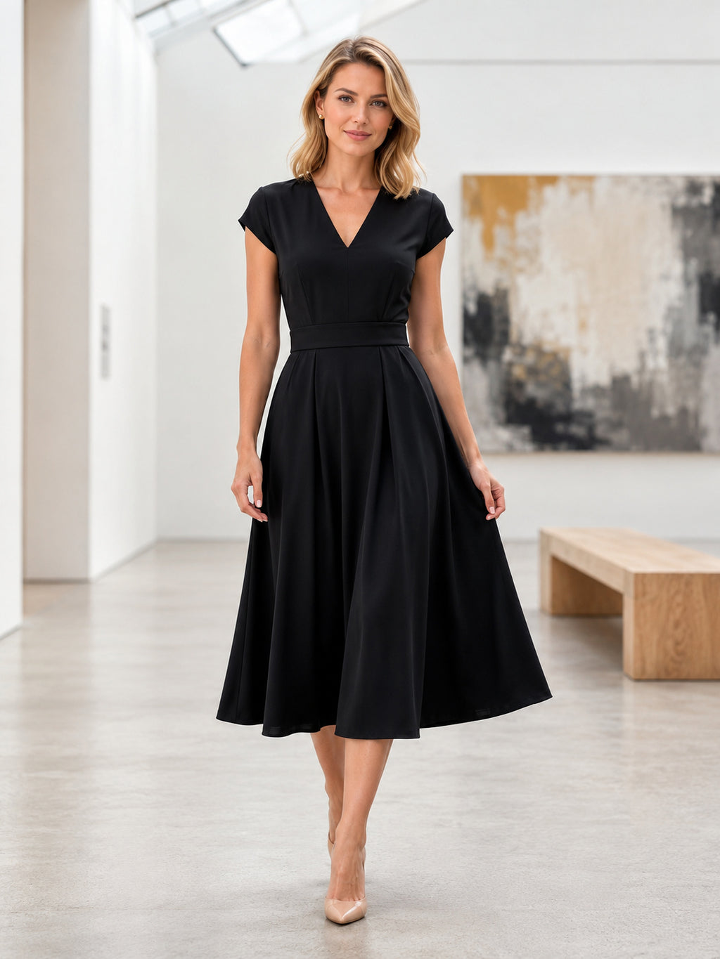 Black Cap Sleeve V Neck A Line Museum Date Dress front view