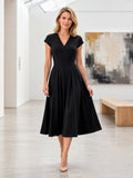 Black Cap Sleeve V Neck A Line Museum Date Dress front view