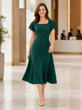 Emerald square neck flutter sleeve A-line corporate midi dress front view