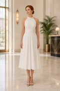 White Halter A-Line Chiffon Tea-length Dress With Pleats