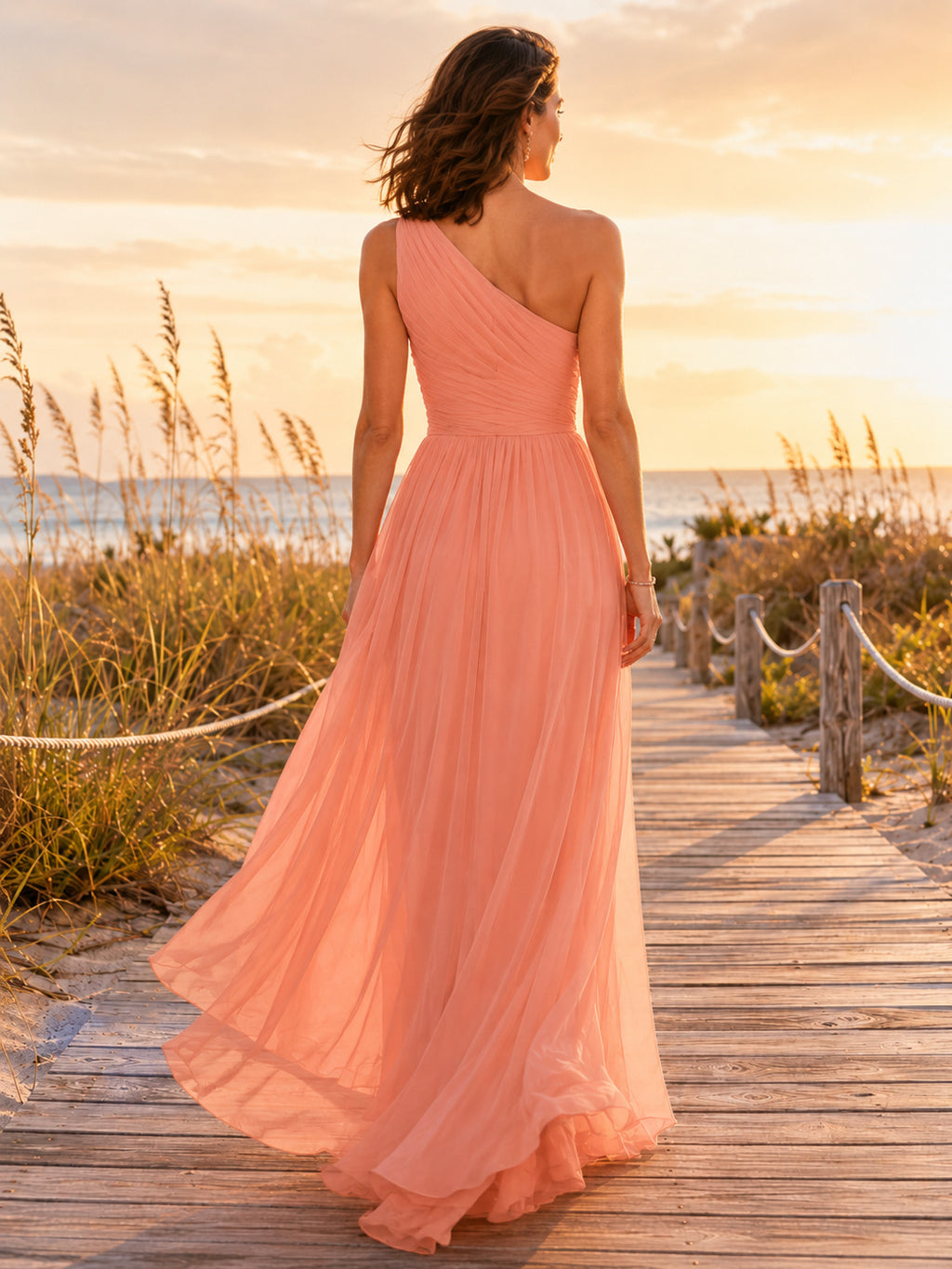 Coral One Shoulder Chiffon Flowing Beach Formal Gown back view