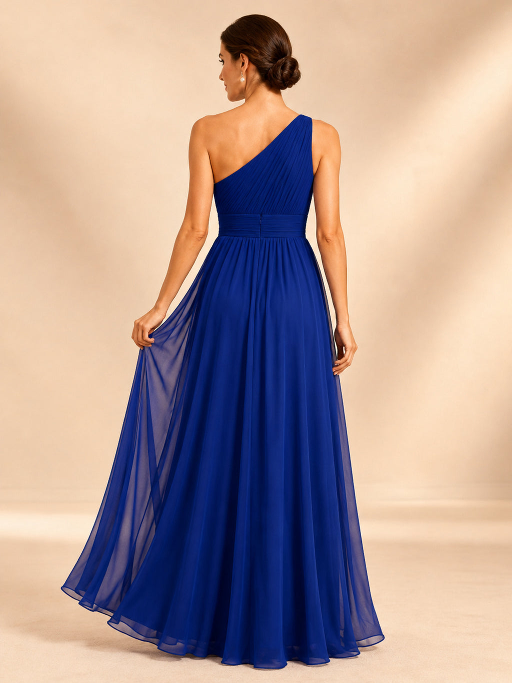 Royal Blue Chiffon One Shoulder Slit A-Line Evening Gown back view