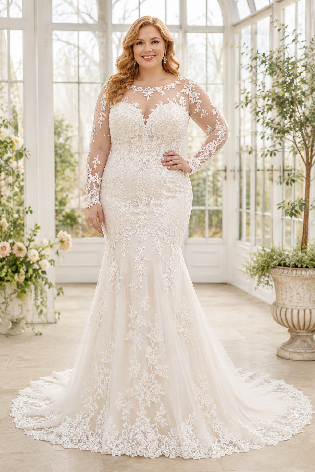 Plus Size Ivory V-Neck Long Illusion Sleeve Lace Tulle Mermaid Wedding Dress with Fitted Lace Mermaid Skirt and Chapel Train