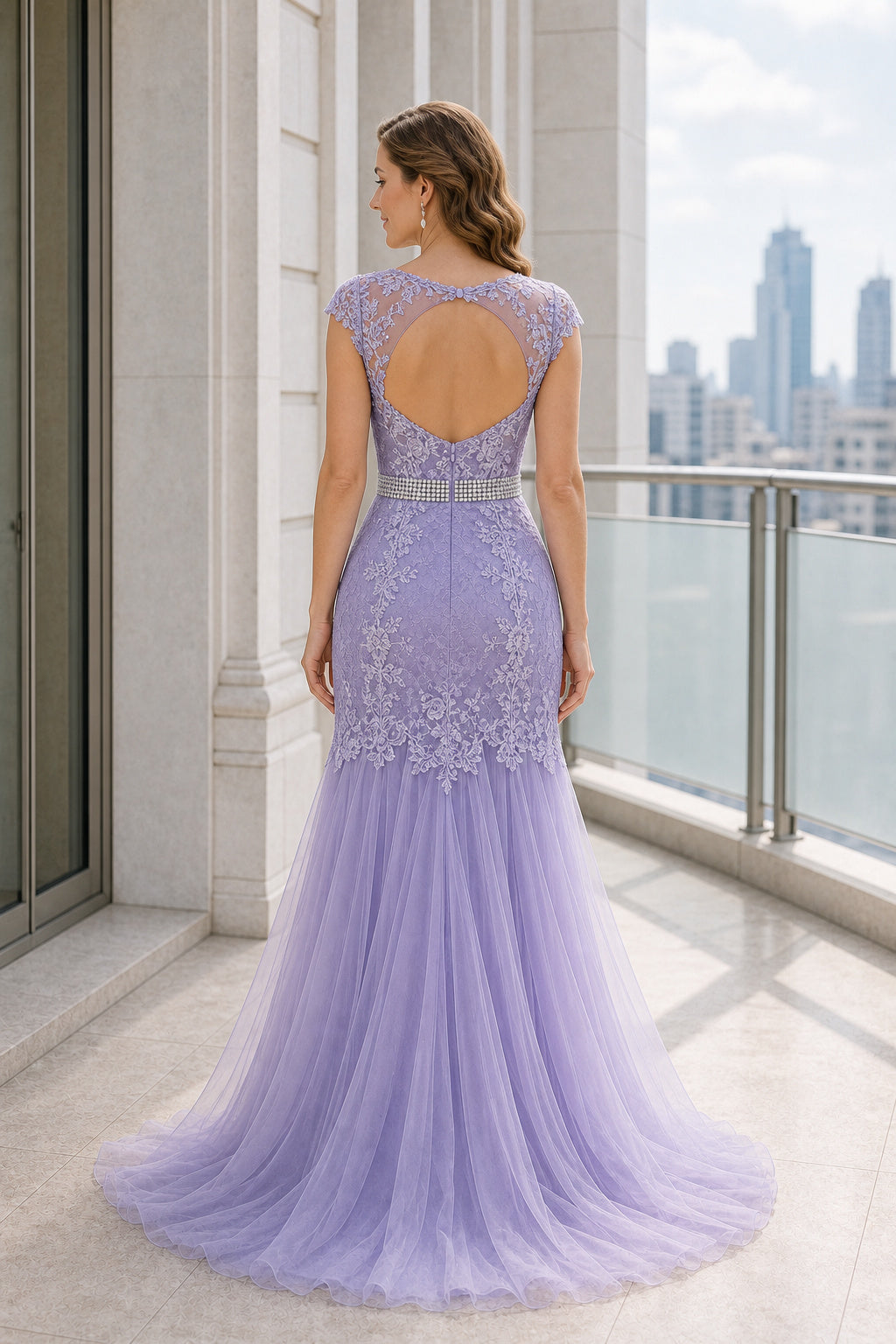 Lavender Bateau Cap Sleeve Mermaid Lace Floor-Length Dress With Open Back