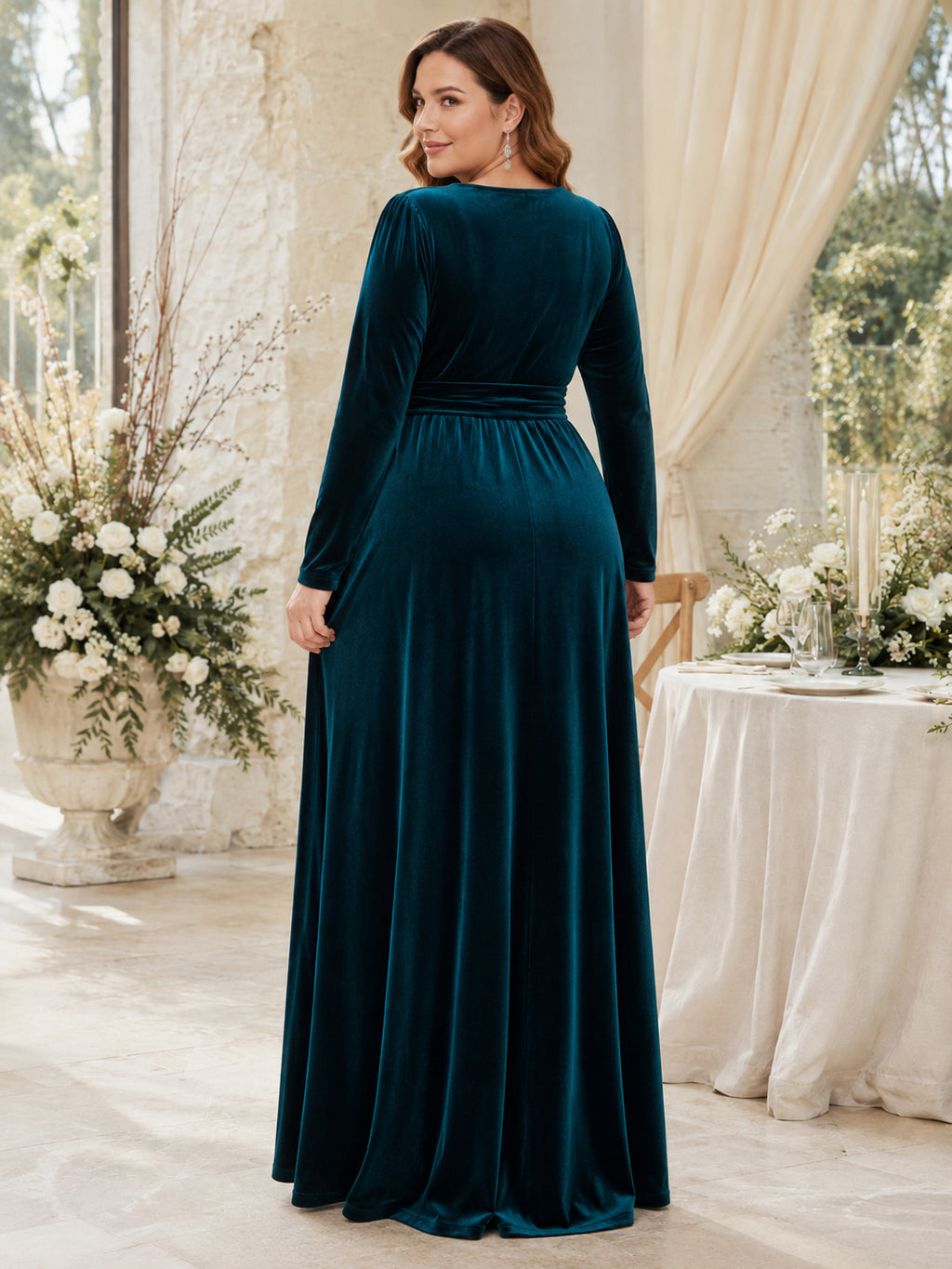 Peacock V Neck Long Sleeve Velvet Empire Floor Plus Size Guest Gown back view