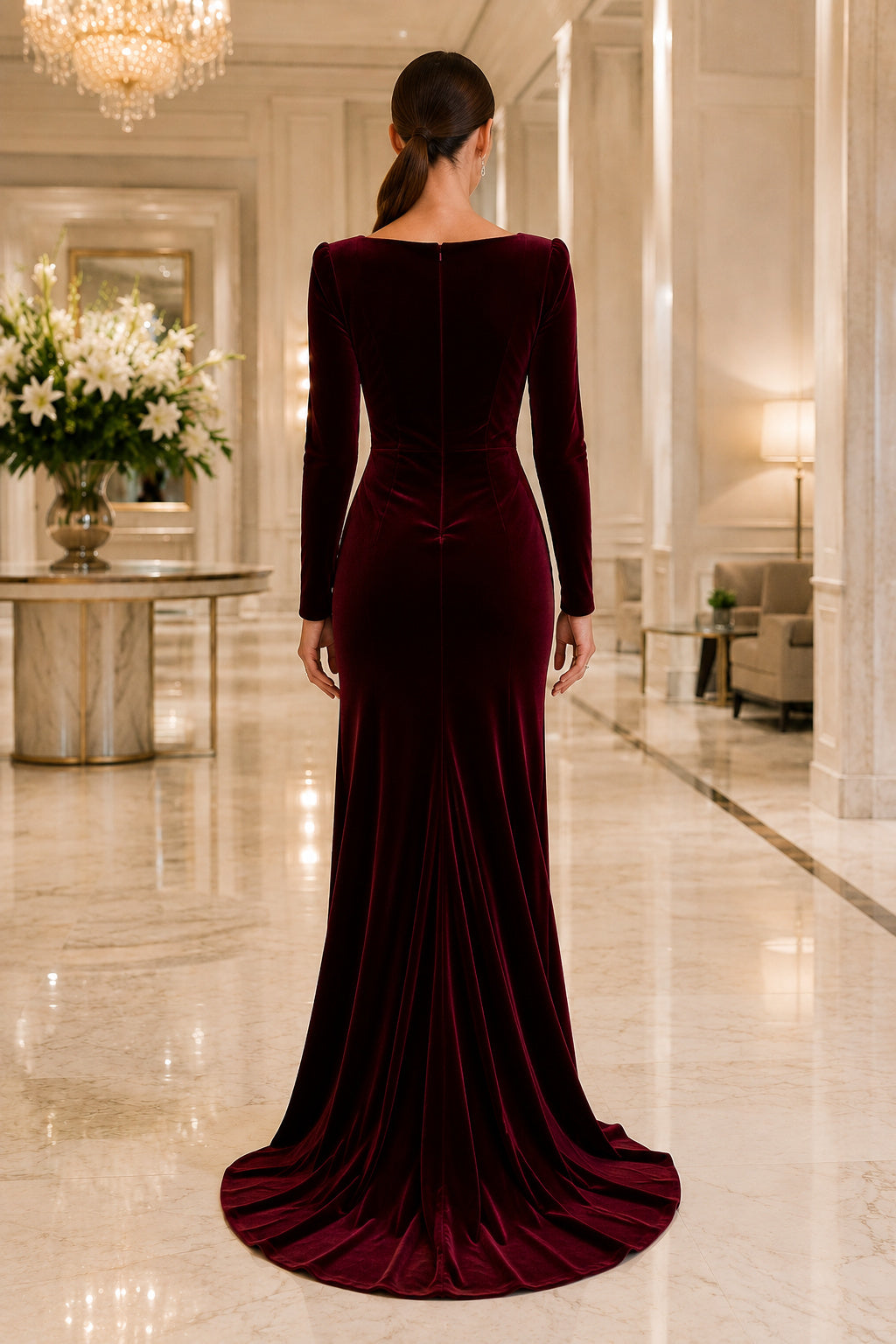 Burgundy square neck long sleeve velvet sheath gown with clean fitted skirt Floor-length And Sweep/Brush Train Sheath Evening