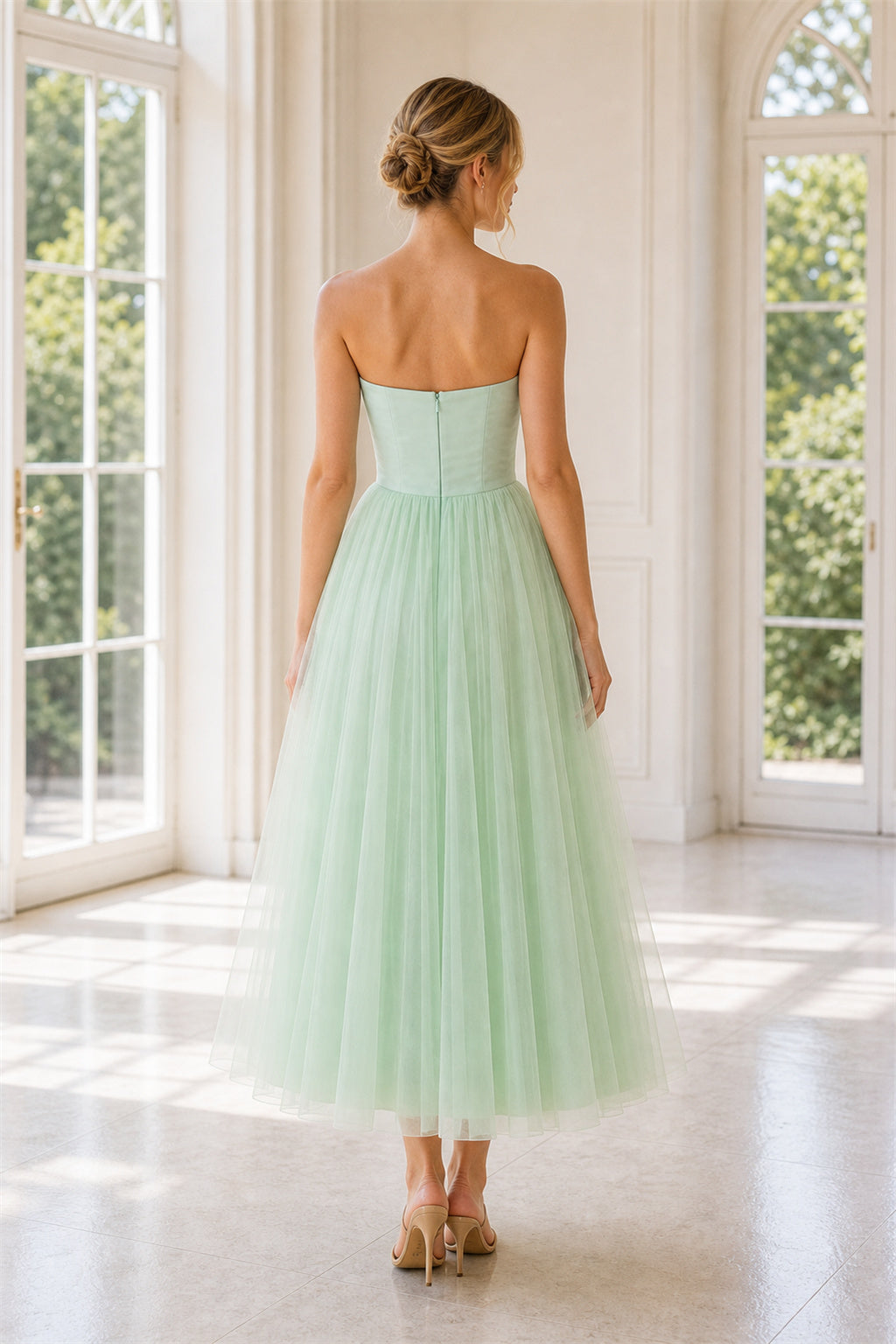 Mint Halter A-Line Tulle Tea-Length Dress With Pleated Skirt