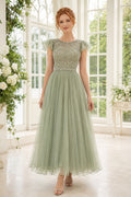 Sage Cap Sleeve Lace Bodice with Tea Length Tulle Skirt Tea Length A-Line Homecoming Dress front view