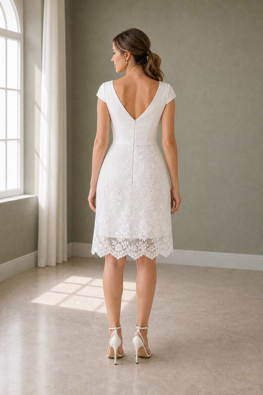 White V-neck Cap Sleeves Sheath Lace Knee-length Dress With Lace Hem and Open Back