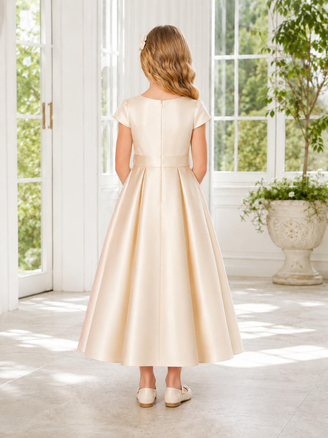 Champagne Clean Line Satin Bow Back A-Line Flower Girl Dress with Sleeveless, Jewel Neck and Tea-Length Skirt back view