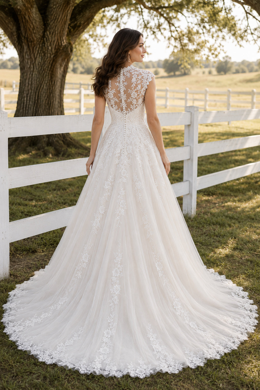Ivory High Neck Illusion Lace A-Line Wedding Dress with Sleeveless Bodice and Train back view
