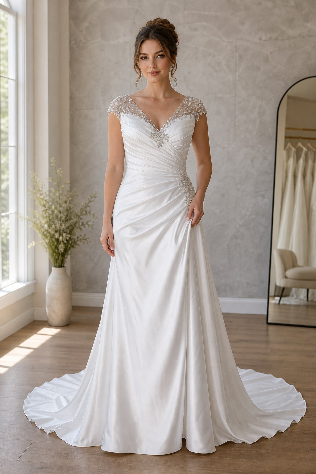 White Sweetheart Mermaid Satin Floor-length Wedding Dress With Ruching and Train