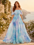 Aqua Off Shoulder Watercolor Ruffle Chiffon Maxi Guest Dress front view