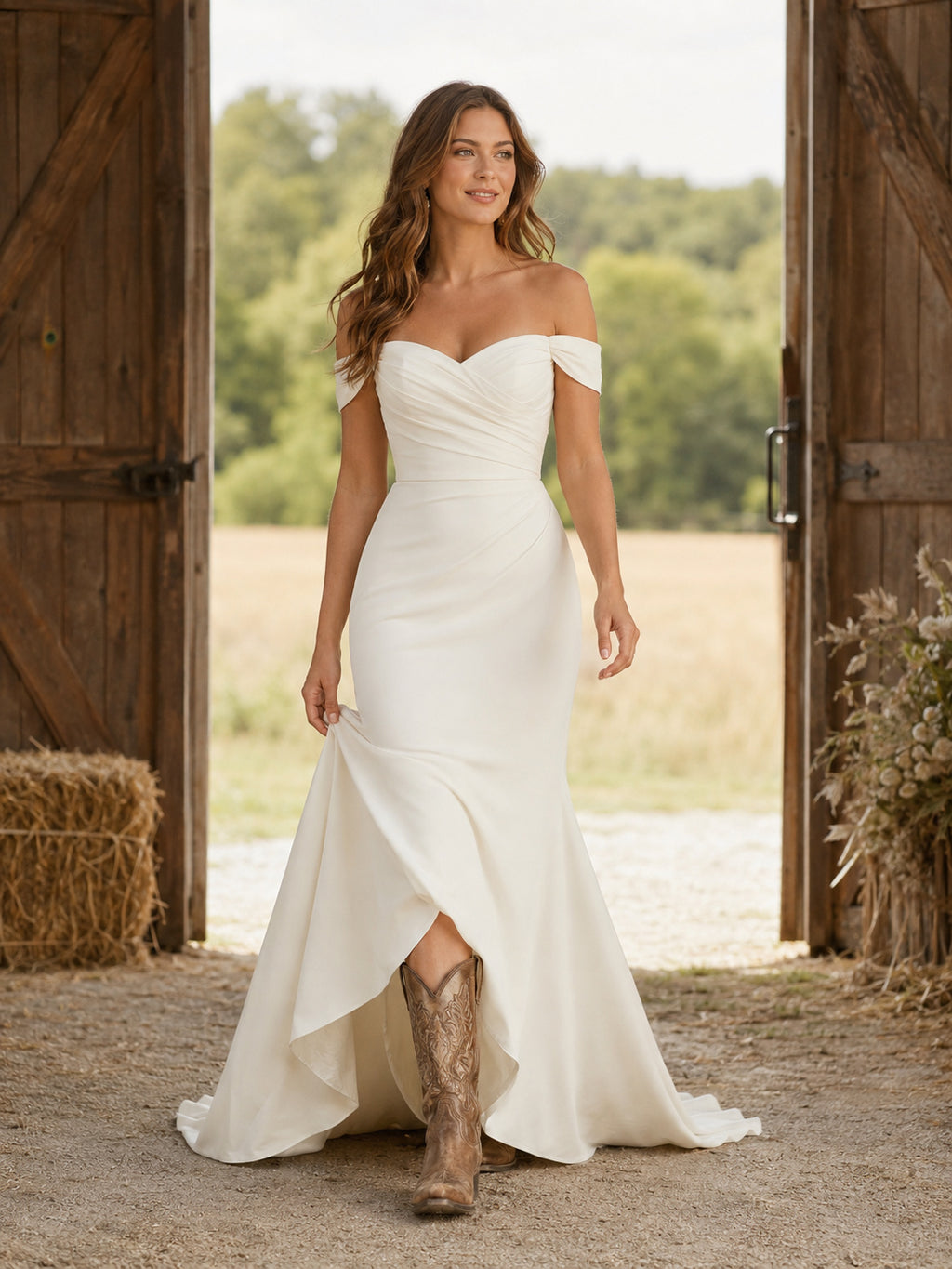 Crepe Mermaid Off Shoulder Sweetheart Short Sleeve Wedding Dress front view
