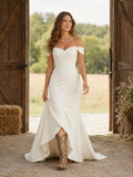 Crepe Mermaid Off Shoulder Sweetheart Short Sleeve Wedding Dress front view