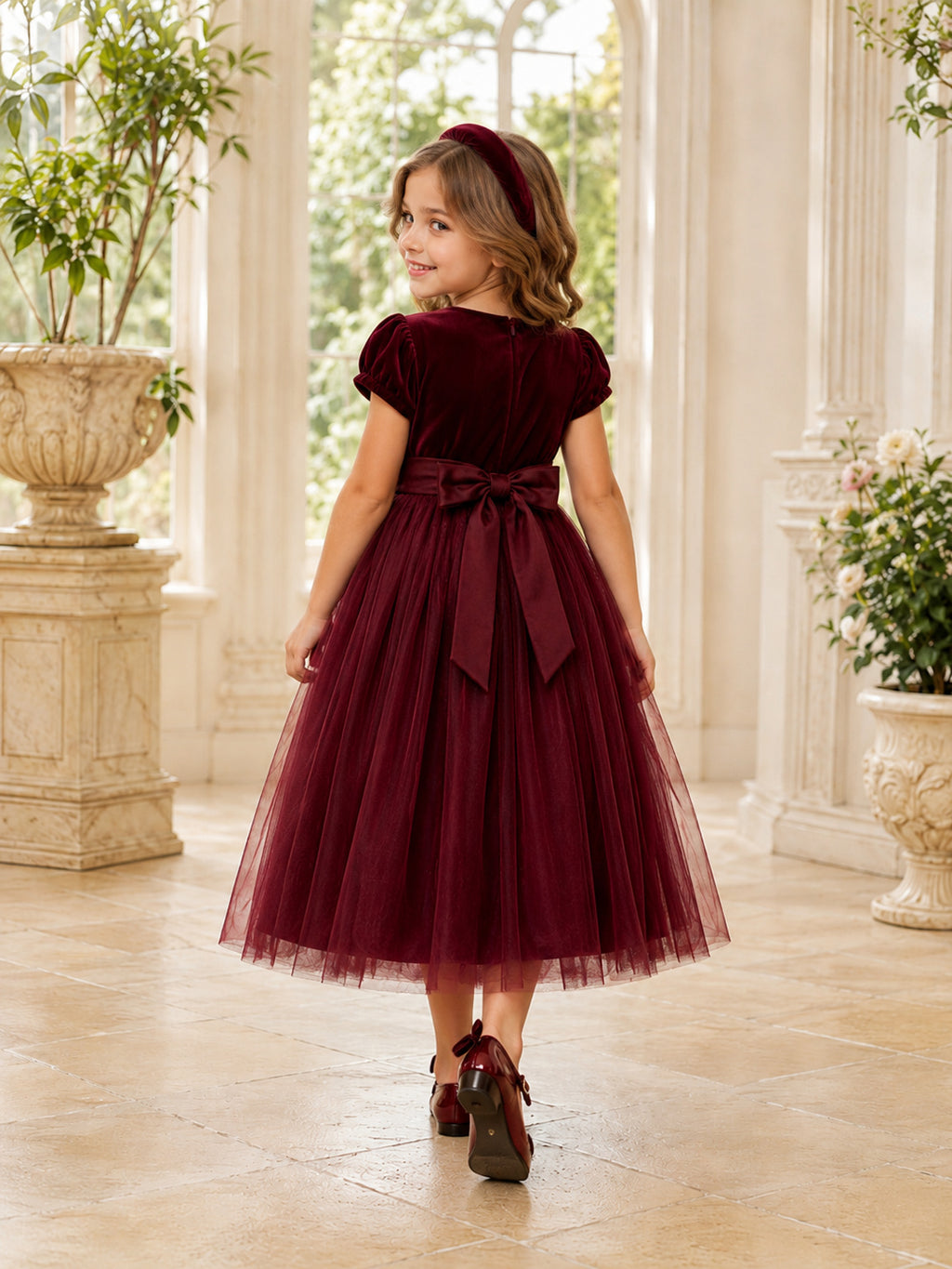Vintage Tea-Length A-Line Winter Flower Girl Burgundy Velvet Tulle Puff Sleeve Back Bow Dress back view