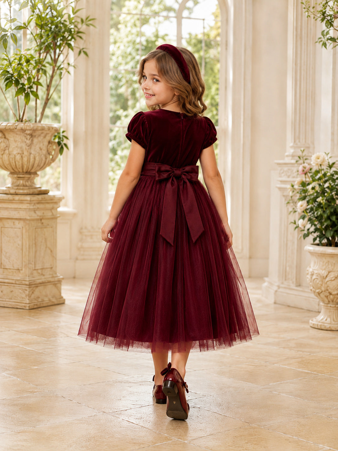 Vintage Tea-Length A-Line Winter Flower Girl Burgundy Velvet Tulle Puff Sleeve Back Bow Dress back view