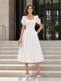Simple Scoop Neck Puff Sleeve Satin Tea Length Courthouse Wedding Dress front view