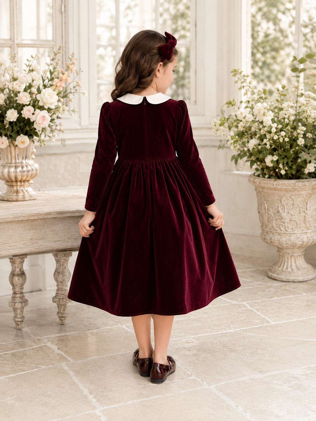 Burgundy Vintage Tea-Length A-Line Velvet Long Sleeve Princess Flower Girl Dress back view
