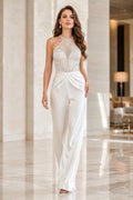 White Halter Beaded Illusion Bridal Jumpsuit front view