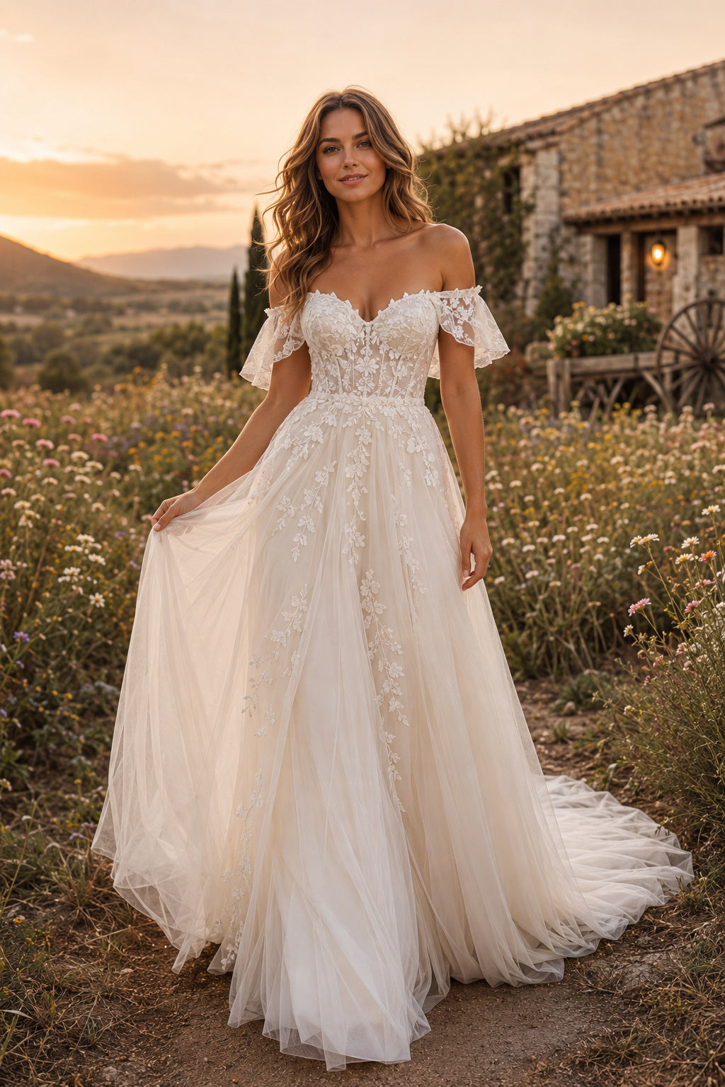 Ivory Off-the-Shoulder Lace A-Line Wedding Dress with Sweetheart Bodice and Full Train front view