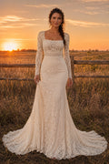 Square Neck Long Sleeve Mermaid Wedding Dress with Lace Overlay and Sweep Train for Rustic Garden Ceremony Style MG_700721 fr