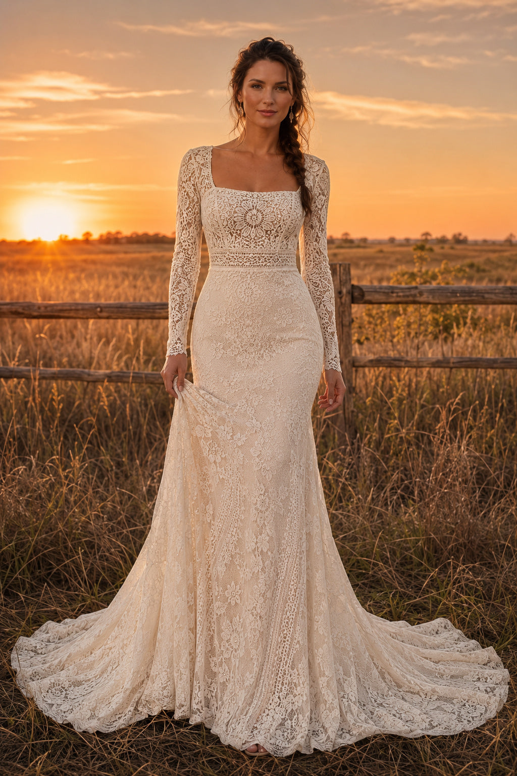 Square Neck Long Sleeve Mermaid Wedding Dress with Lace Overlay and Sweep Train for Rustic Garden Ceremony Style MG_700721 fr