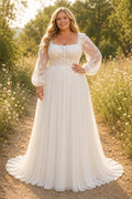 Plus Size Ivory Square Neck Balloon Sleeve Lace Tulle A-Line Wedding Dress with Balloon Sleeves and Chiffon Sweep Train front