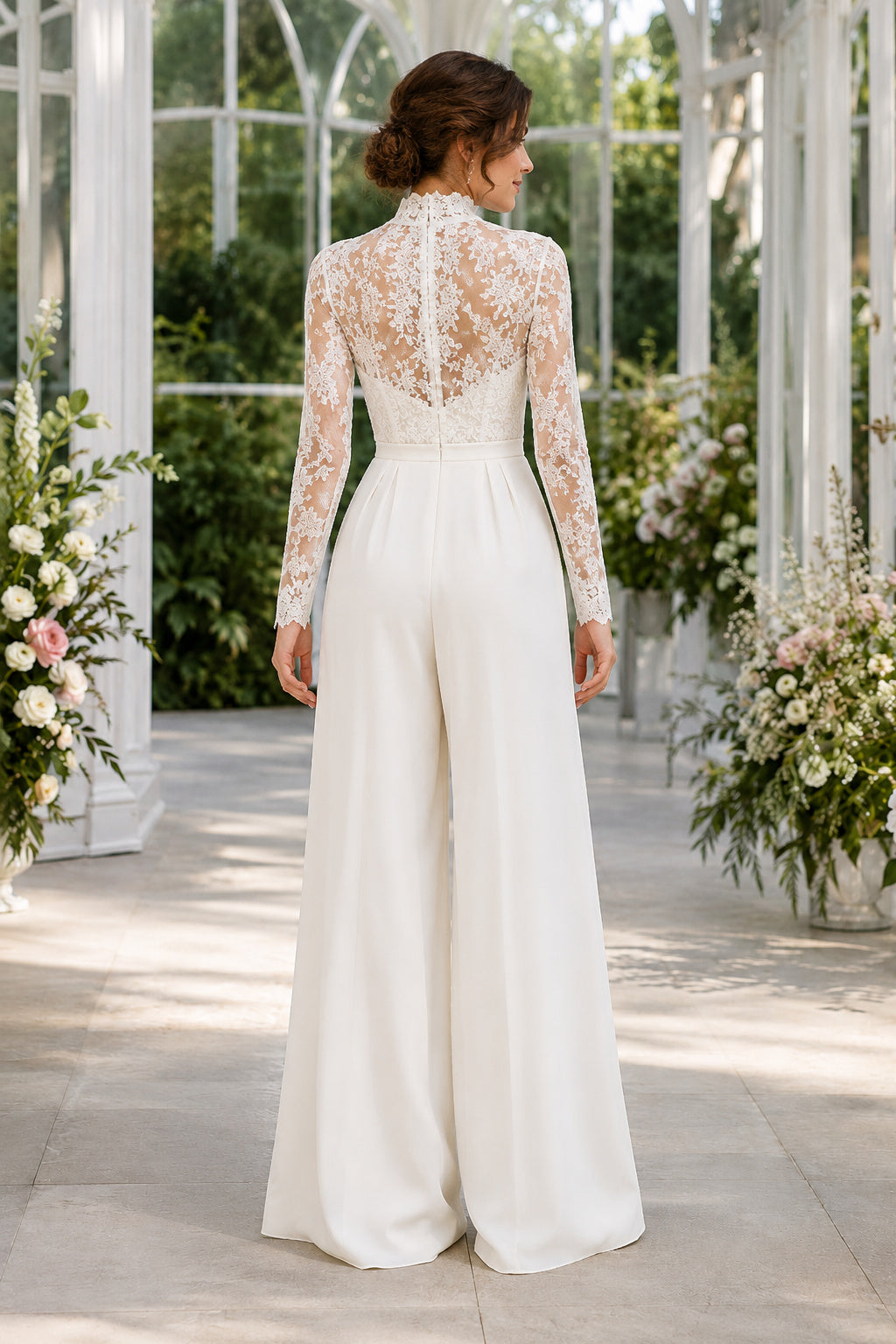 Long Sleeve Lace Illusion Bridal Jumpsuit with High Neck back view