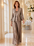 Taupe Elegant Floor-Length Wide-Leg Mother of the Bride Metallic Pantsuit with Tailored Long Blazer and Draped Cowl-Neck Shel
