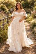 Ivory Plus Size Off-the-Shoulder Lace A-Line Wedding Dress with Short Sleeves and Train Style MG_700557 front view