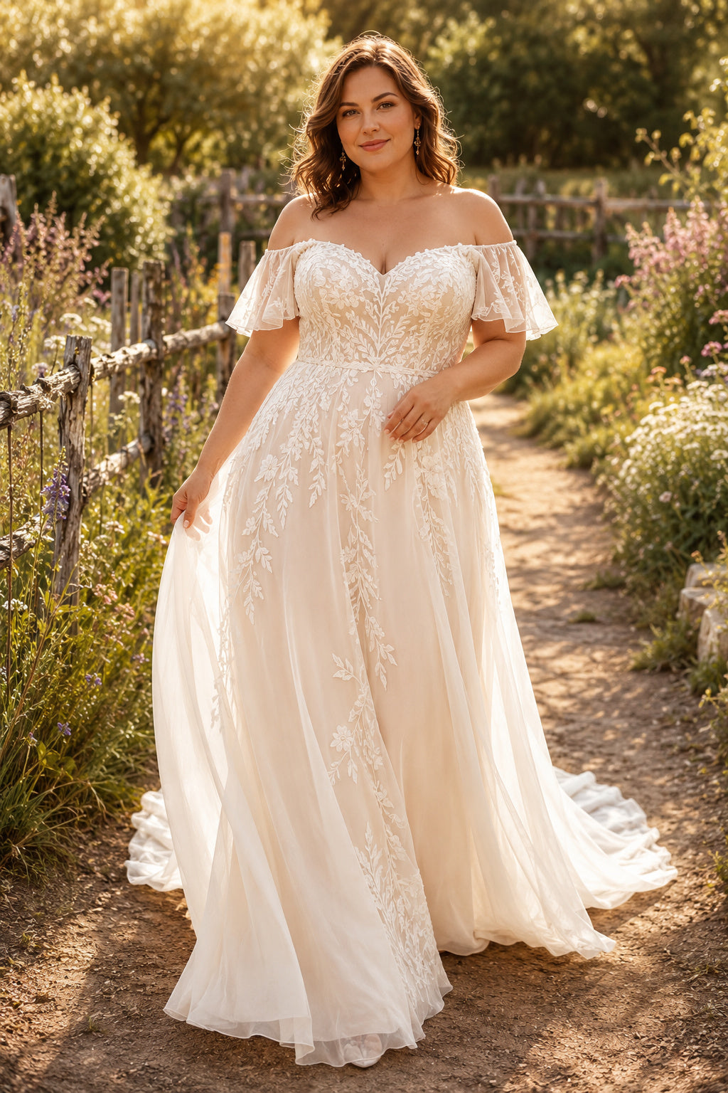 Ivory Plus Size Off-the-Shoulder Lace A-Line Wedding Dress with Short Sleeves and Train Style MG_700557 front view