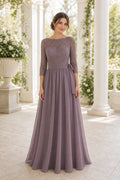 Mauve Bateau Long Sleeve A-Line Chiffon Floor-Length Dress With Lace Bodice