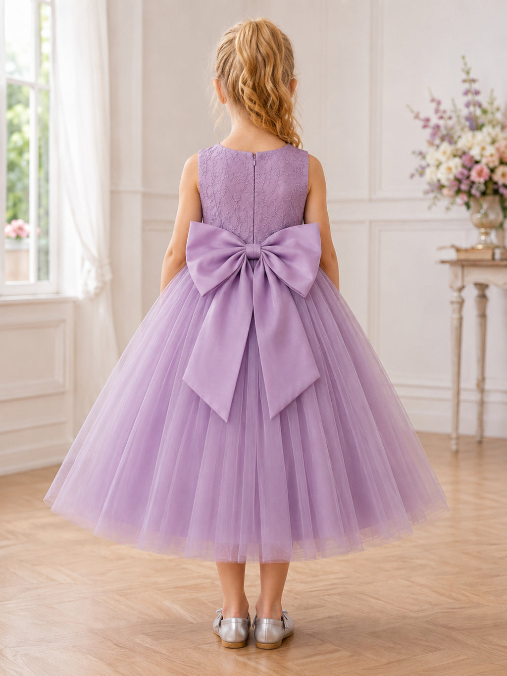 Lavender Tulle A-Line Flower Girl Dress with Oversized Front Bow back view