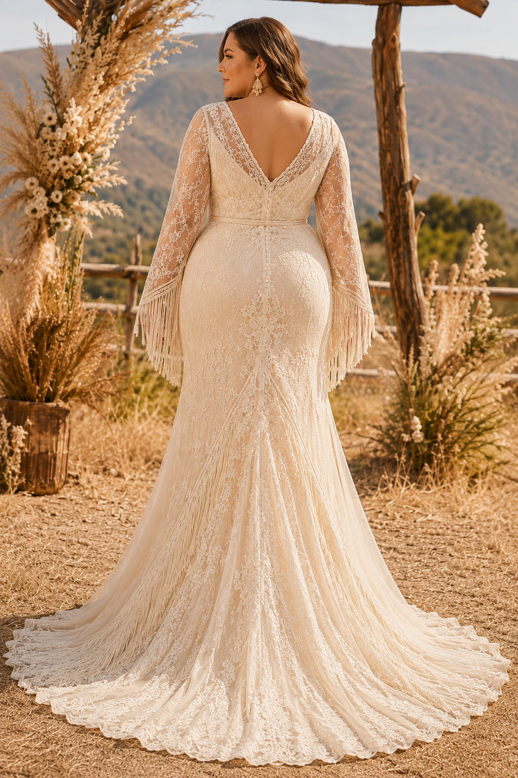 Plus Size Champagne Long Sleeve Lace Mermaid Wedding Dress with V-Neck