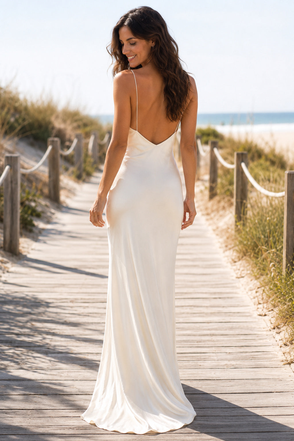 Simple Cowl Neck Satin Sheath Wedding Dress with Spaghetti Straps and Low Open Back back view