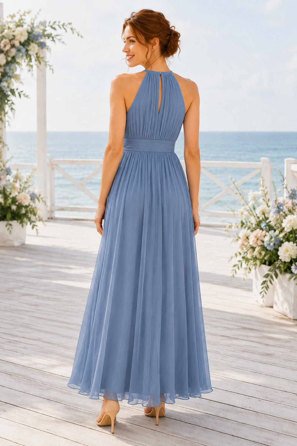 Sky Blue Chiffon Wedding Guest A-Line Dress back view