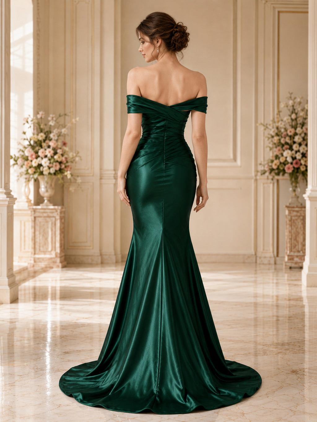 Dark Green Off Shoulder Satin Romantic Mermaid Dress back view