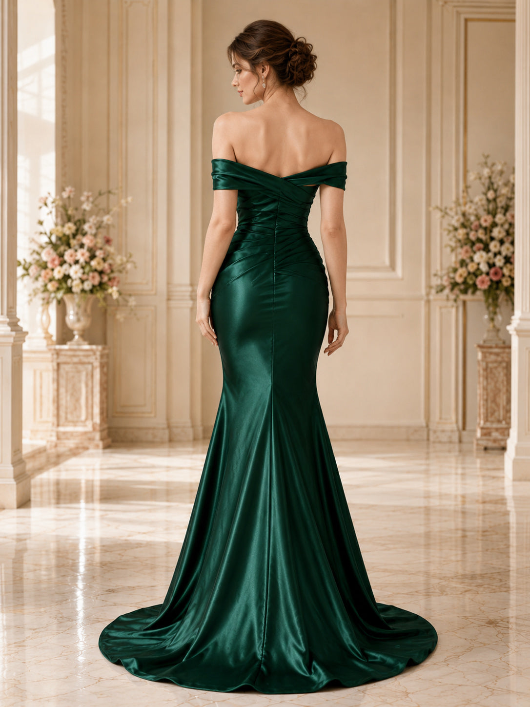 Dark Green Off Shoulder Satin Romantic Mermaid Dress back view