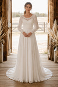 Bateau Long Sleeve A-Line Wedding Dress with Lace Bodice and Chiffon Sweep Train Style MG_701326 front view