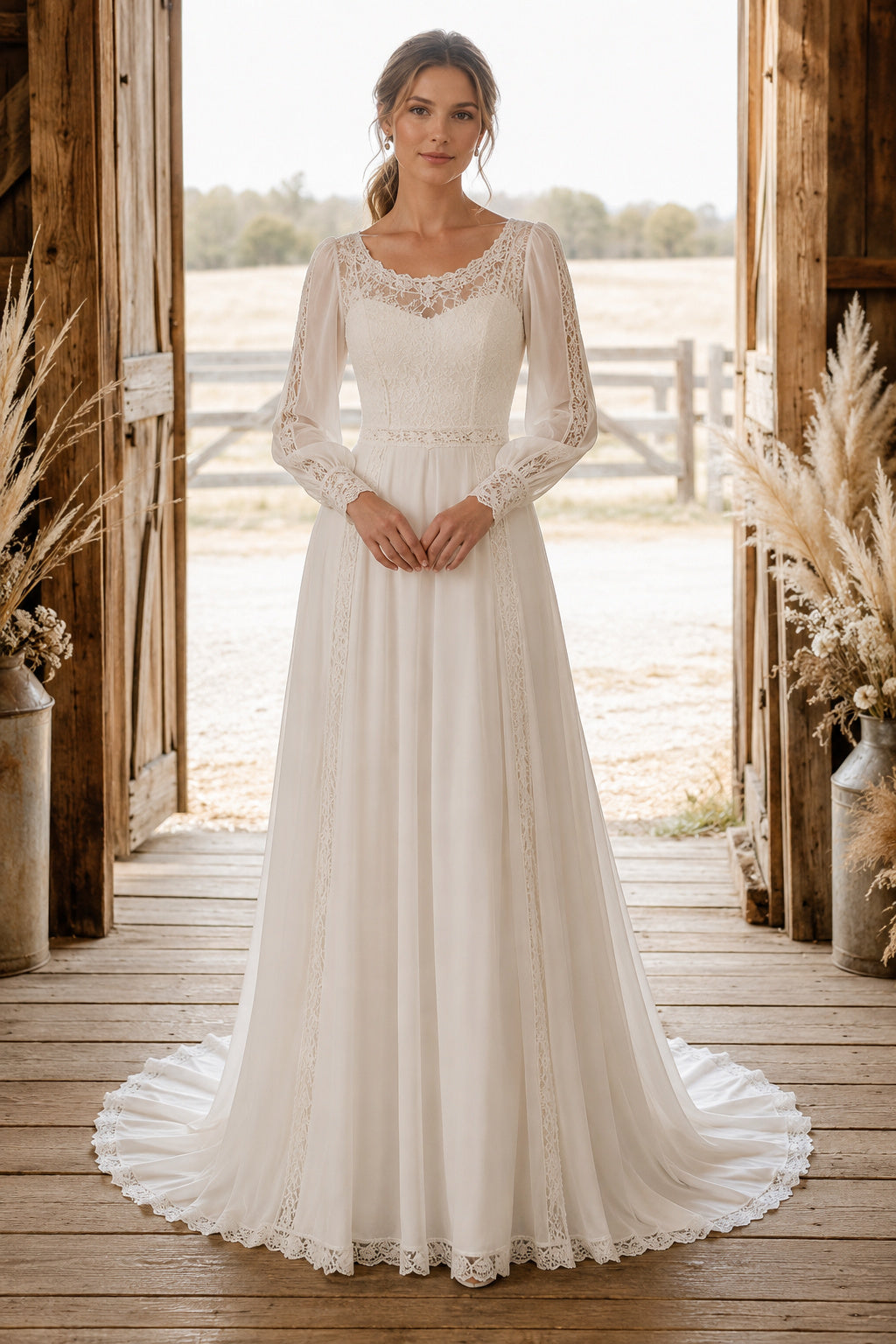 Bateau Long Sleeve A-Line Wedding Dress with Lace Bodice and Chiffon Sweep Train Style MG_701326 front view