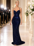 Dark Navy Spaghetti Sequin Red Carpet Dress front view