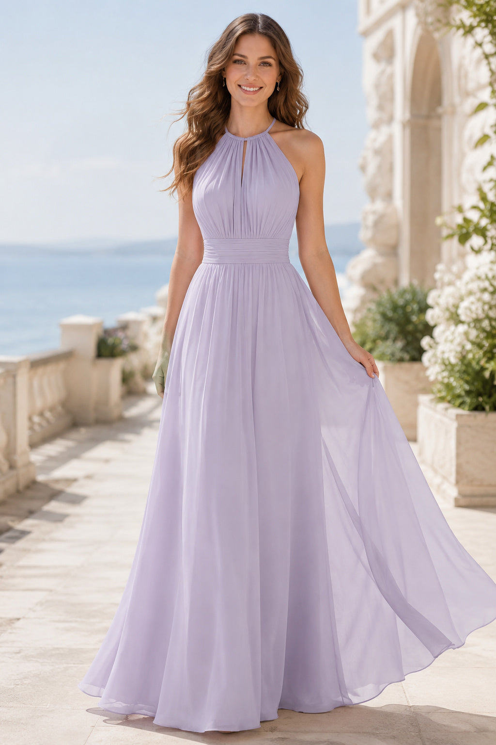 Lavender Halter Chiffon A-Line Bridesmaid Dress with High Neck and Flowing Skirt front view