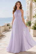 Lavender Halter Chiffon A-Line Bridesmaid Dress with High Neck and Flowing Skirt front view