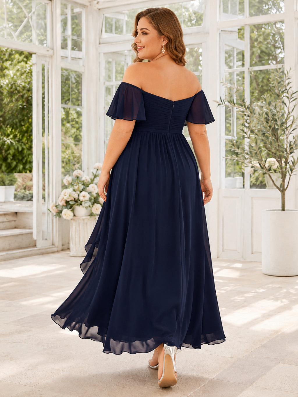 Dark Navy Off Shoulder Flutter Sleeve Chiffon Empire Ankle Guest Dress back view