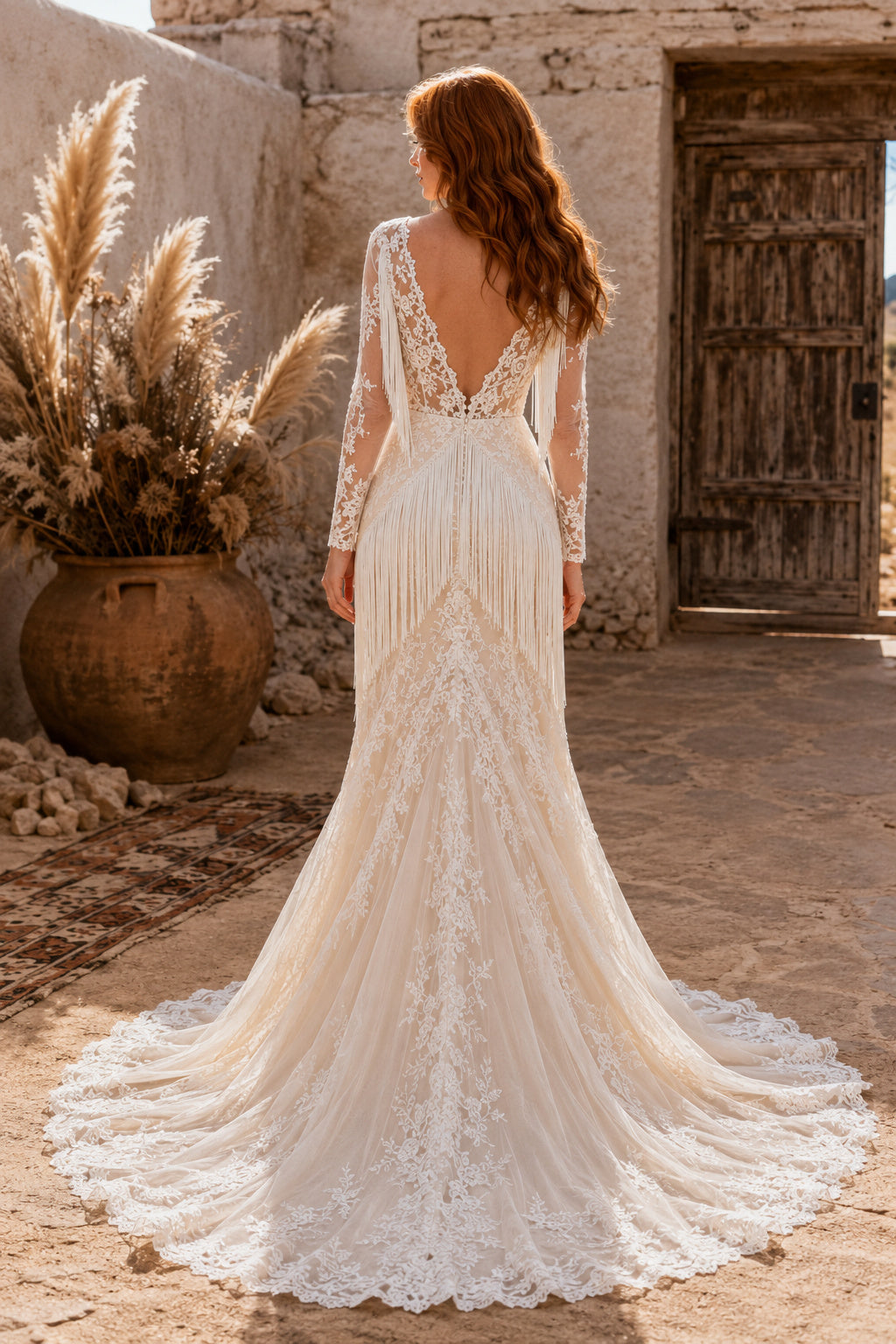 Ivory V-Neck Long Sleeve Lace Mermaid Wedding Dress with Illusion Back and Train back view