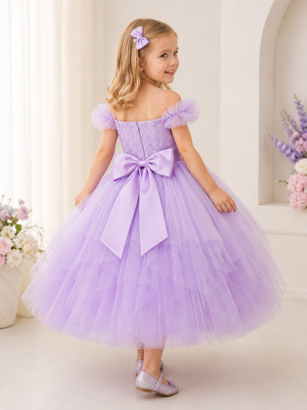 Lavender Luxury Princess Off-Shoulder Tiered Tulle Ball Gown Flower Girl Knee-Length Ruffle Formal Dress back view