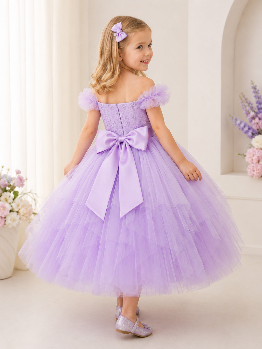 Lavender Luxury Princess Off-Shoulder Tiered Tulle Ball Gown Flower Girl Knee-Length Ruffle Formal Dress back view