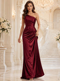 Formal Ballroom Burgundy Elegant Modern Sexy Sheath Satin Bridesmaid Dress with One-Shoulder Sleeveless Floor-Length Ruching