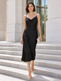 Black cowl neck spaghetti strap city hall cocktail midi dress front view